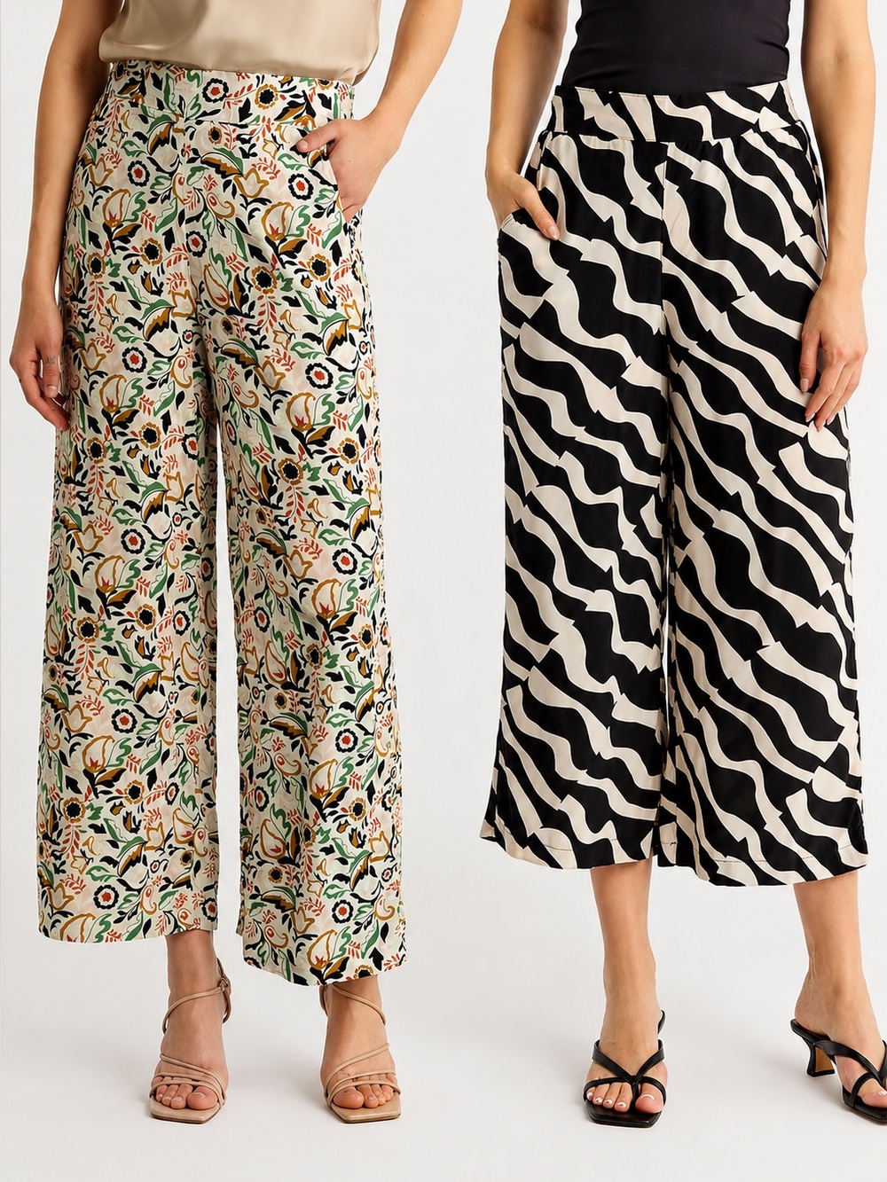 T Tahari Mixed Print Wide-Leg Palazzo Pants - Black, Cream & Multicolor